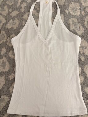 Ribbed V-Neck Halter Tank Top — White